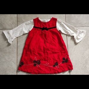 Red and White Dress with Black Floral Accents